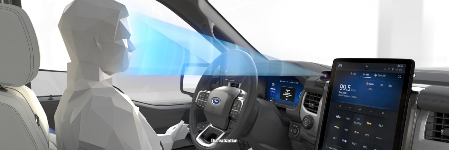 Graphic of a camera system scanning a driver for attentiveness while using the BlueCruise system.