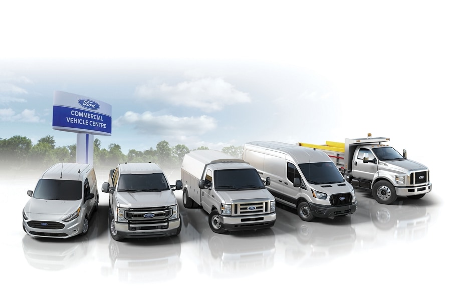 Ford Commercial Vehicle lineup parked at a Ford Commercial Vehicle Centre