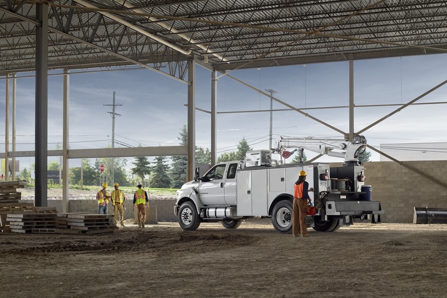 2026 Ford F-750® SuperCab in Oxford White with mechanic truck upfit at work site