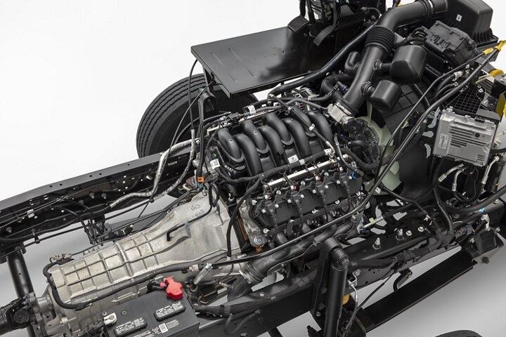 Close-up of the 7.3L V8 Engine in the 2024 Ford F-59 Commercial Stripped Chassis