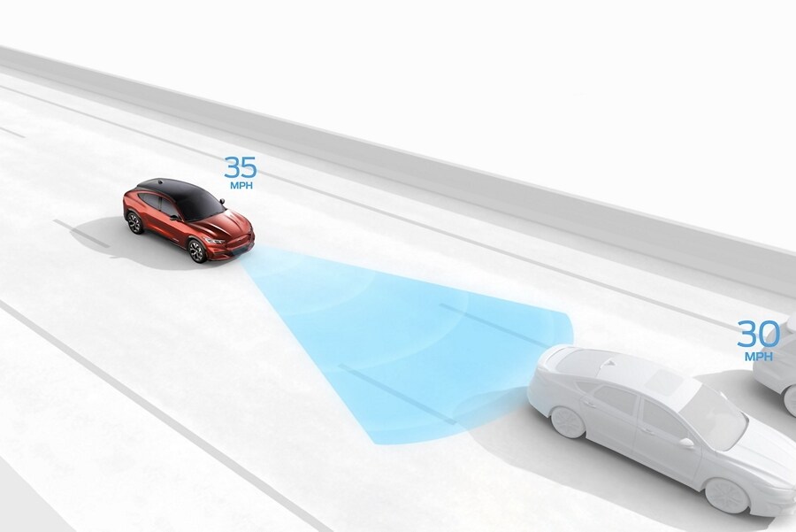Illustration of a 2023 Ford Mustang Mach-E® demonstrating Adaptive Cruise Control