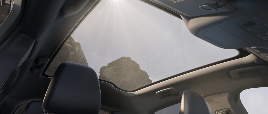 Interior view of the panoramic fixed-glass roof on the 2023 Ford Mustang Mach-E®