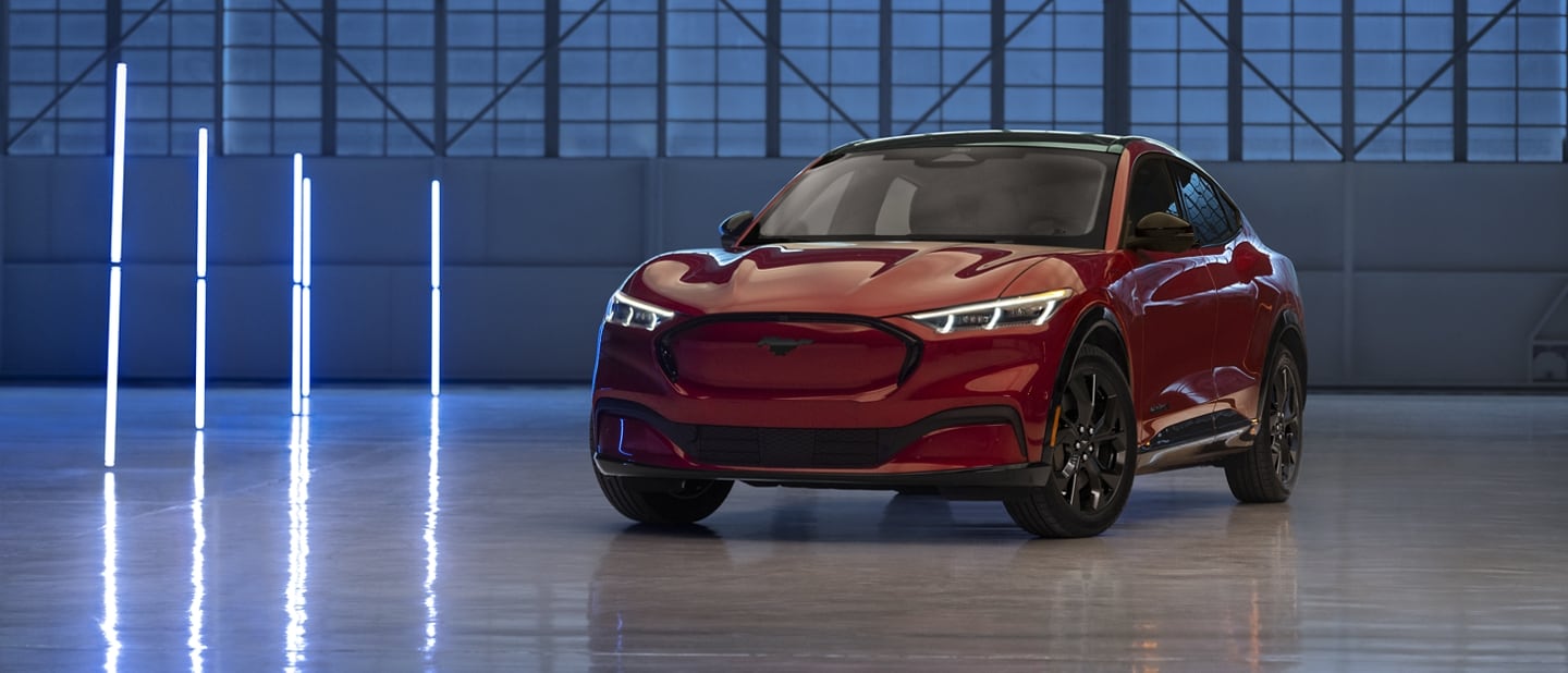 2023 Ford Mustang Mach-E® with Black Appearance Package in a futuristic garage