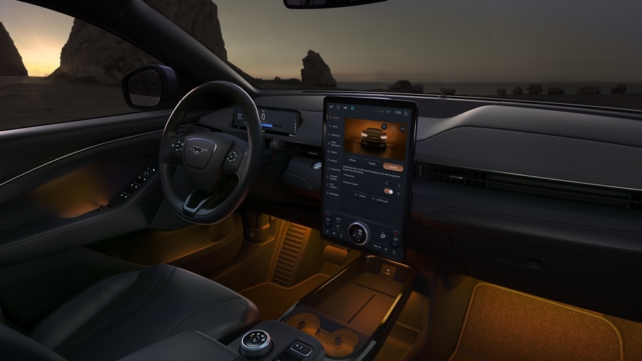 Interior of 2024 Ford Mustang Mach-E® with orange ambient lighting
