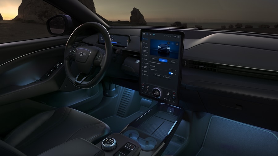 Interior of 2024 Ford Mustang Mach-E® with blue ambient lighting