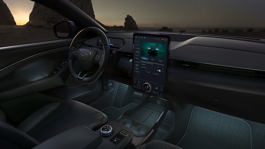 Interior of 2024 Ford Mustang Mach-E® with light blue ambient lighting