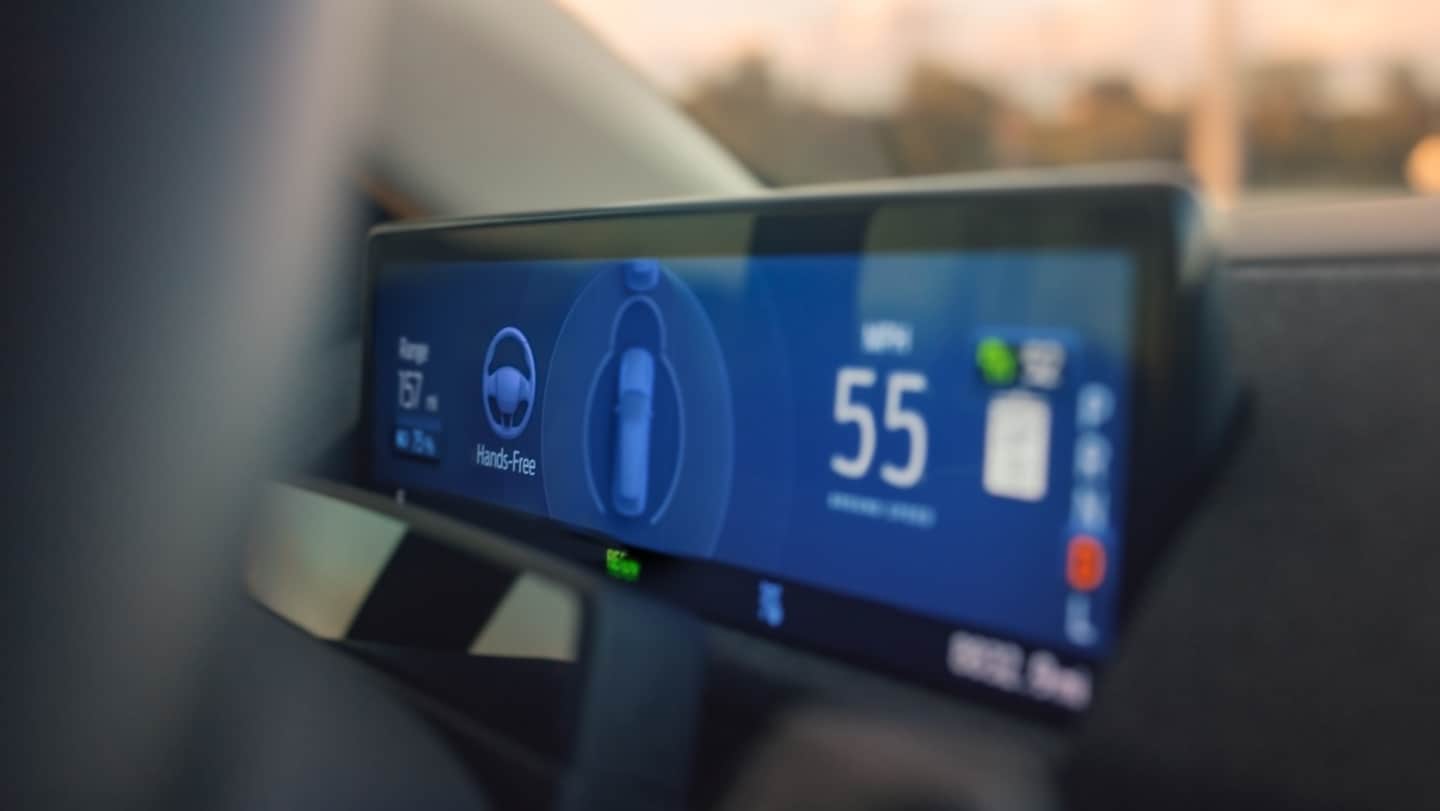 Inside a 2024 Ford Mustang Mach-E® with BlueCruise screen displaying vehicle info