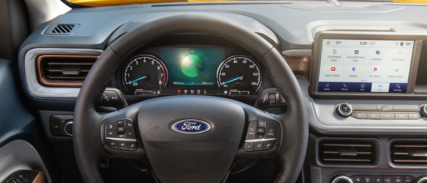 Close-up of the instrument cluster screen showing Eco mode in the 2023 Ford Maverick® truck