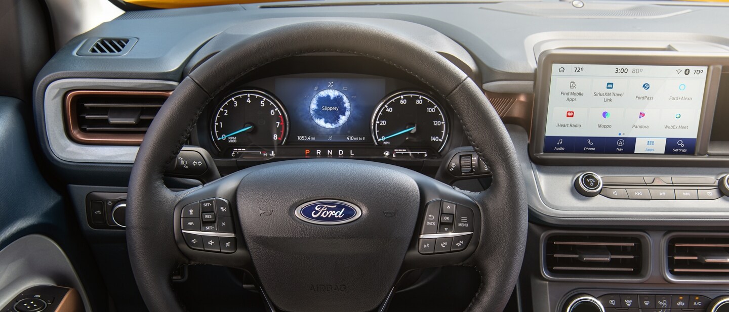 Close-up of the instrument cluster screen showing Slippery mode in the 2023 Ford Maverick® truck
