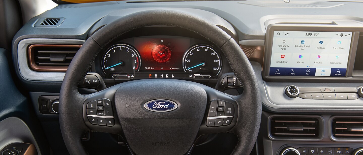 Close-up of the instrument cluster screen showing Sport mode in the 2023 Ford Maverick® truck