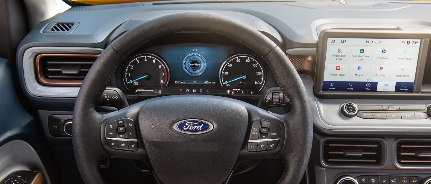 Close-up of the instrument cluster screen showing Tow/Haul mode in the 2023 Ford Maverick® truck