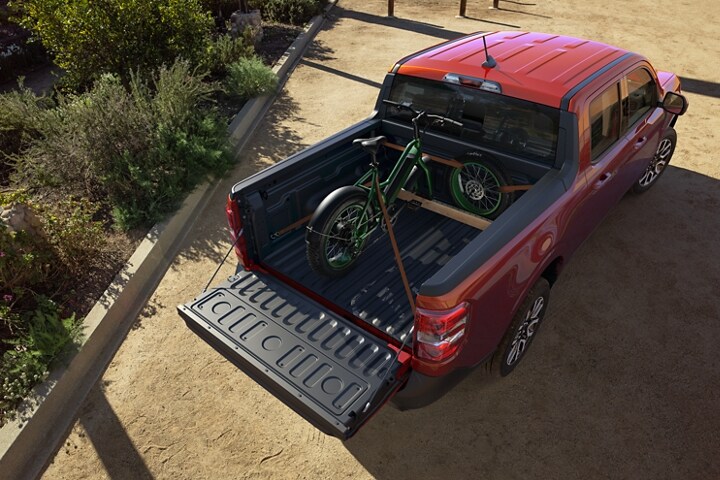 Overhead view of Hot Pepper Red 2023 Ford Maverick® LARIAT truck with bike rack