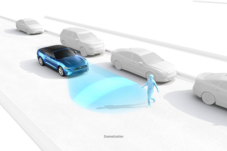 2023 Ford Mustang® coupe graphic demonstrating Pre-Collision Assist® with Automatic Emergency Braking