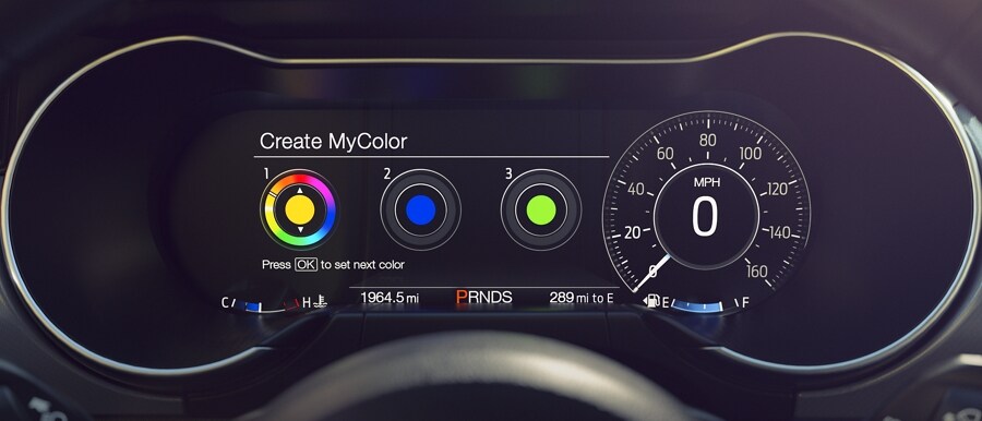 A close-up of the available 12-inch fully configurable LCD digital cluster with MyColor® and MyMode