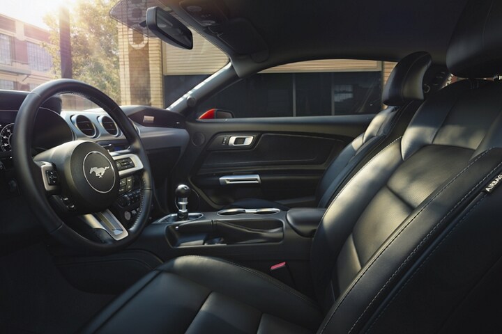 A 2023 Ford Mustang® coupe interior with leather-trimmed seats
