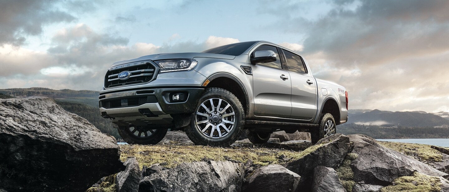 2023 Ford Ranger® in Iconic Silver parked atop a rocky hill
