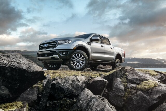 2023 Ford Ranger® in Iconic Silver parked atop a rocky hill