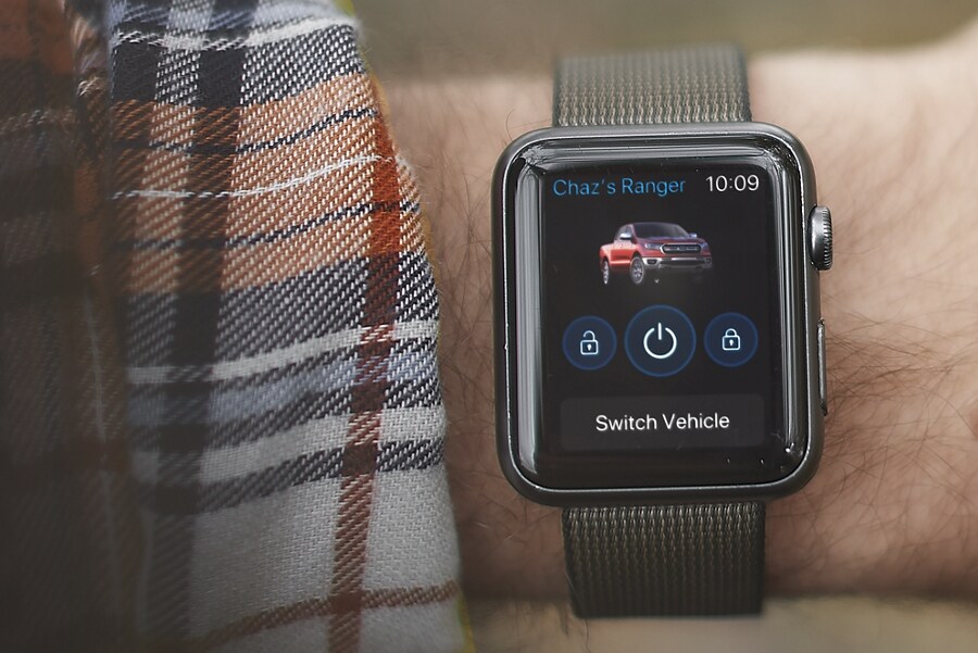 Close-up view of an Apple Watch showing FordPass® App