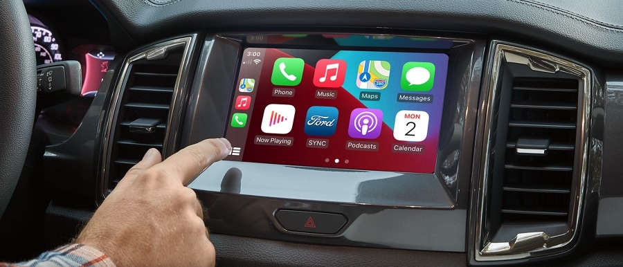 Interior view of 2023 Ford Ranger® dashboard Sync 3 screen displaying Apple CarPlay®