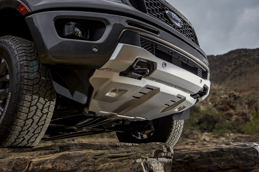 Close-up of a 2023 Ford Ranger® front bumper and bash plates