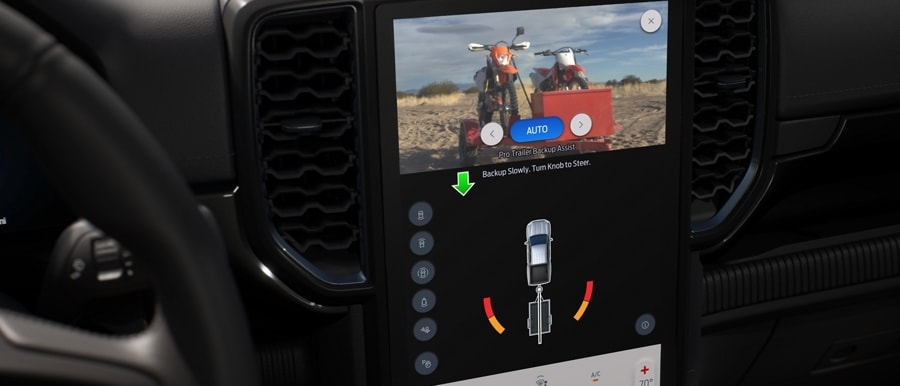 Close-up of the 2024 Ford Ranger® 12-inch centre stack screen with Pro-Trailer Backup Assist™ being displayed