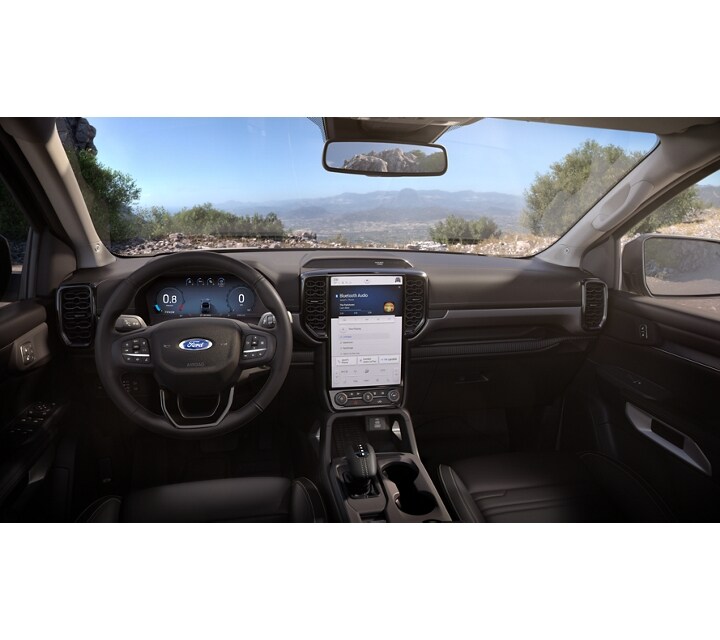Interior cabin of the 2024 Ford Ranger® with a view of the outside