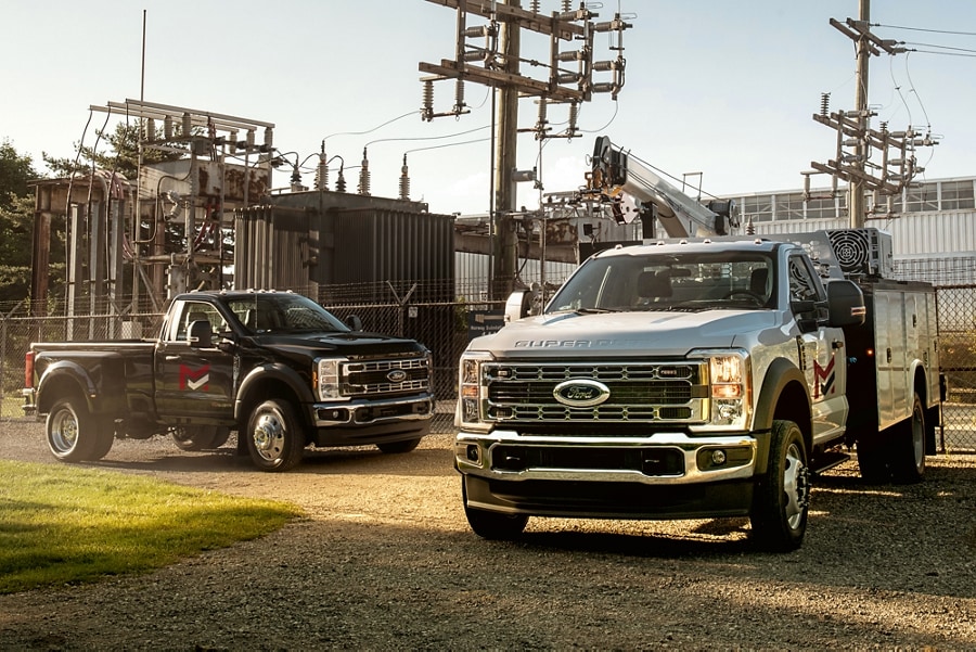 A 2023 Ford Super Duty® F-550 Chassis Cab and Super Duty® F-450 XL with aftermarket upfit features