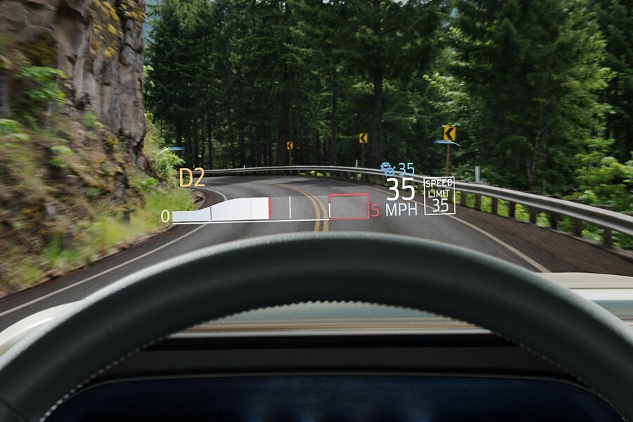 Driver's perspective of the Head-Up display projected onto the windshield