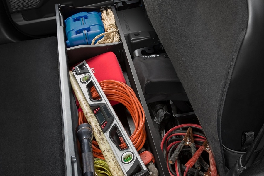 Close-up of gear stored in the under seat storage bin
