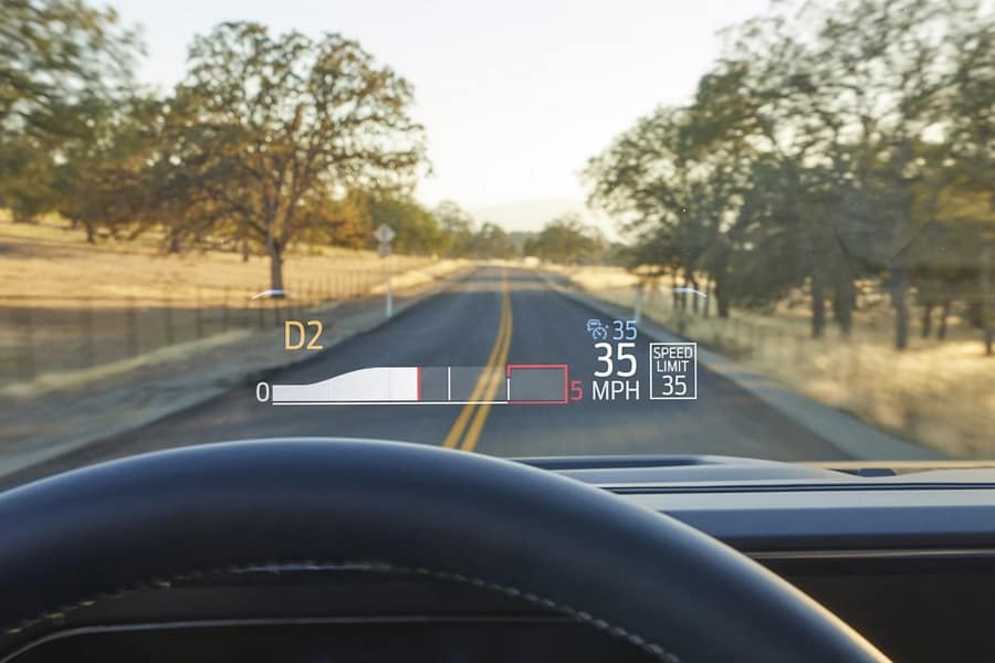 Driver perspective viewing the head-up display projected onto the windshield