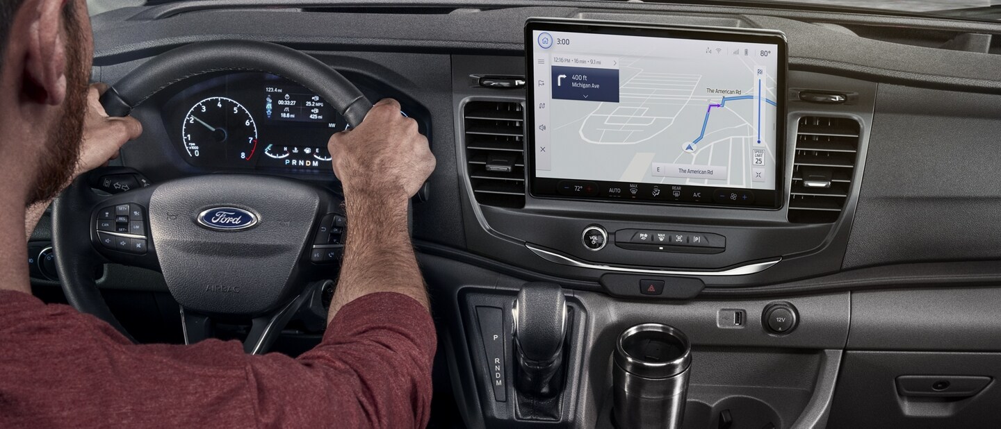 Close-up of the interior of a 2023 Ford Transit® dash featuring SYNC® 4 technology