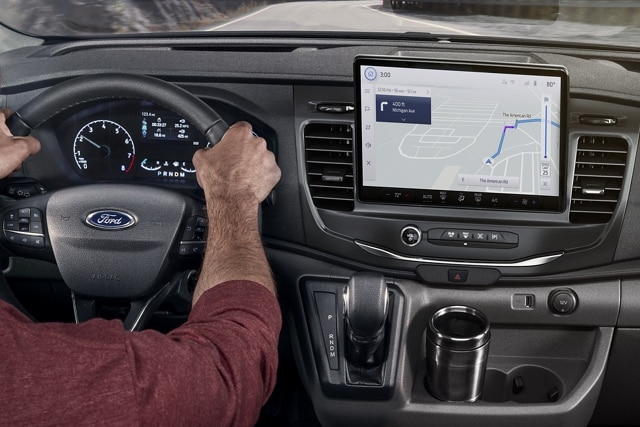 Close-up of the interior of a 2023 Ford Transit® dash featuring SYNC® 4 technology