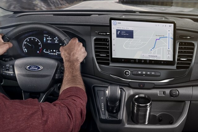 Close-up of the interior of a 2023 Ford Transit® dash featuring SYNC® 4 technology
