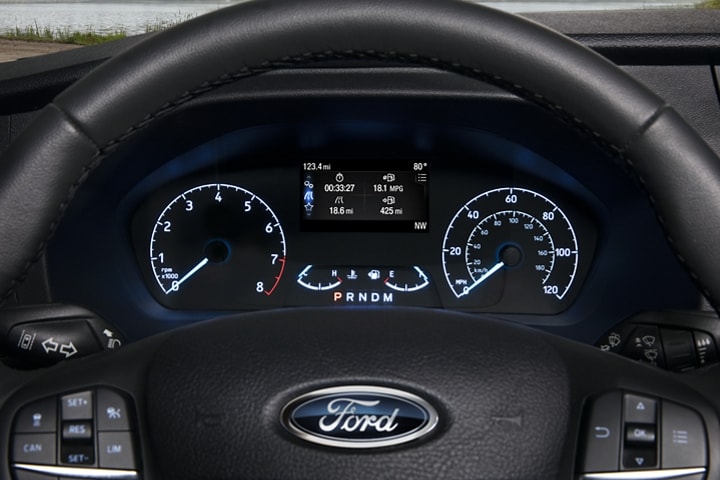 Close-up of the instrumentation cluster on a 2023 Ford Transit® model
