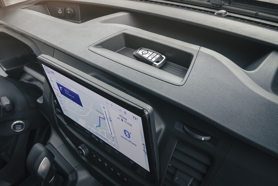 Close-up of a 2023 Ford Transit® interior dash featuring a key fob