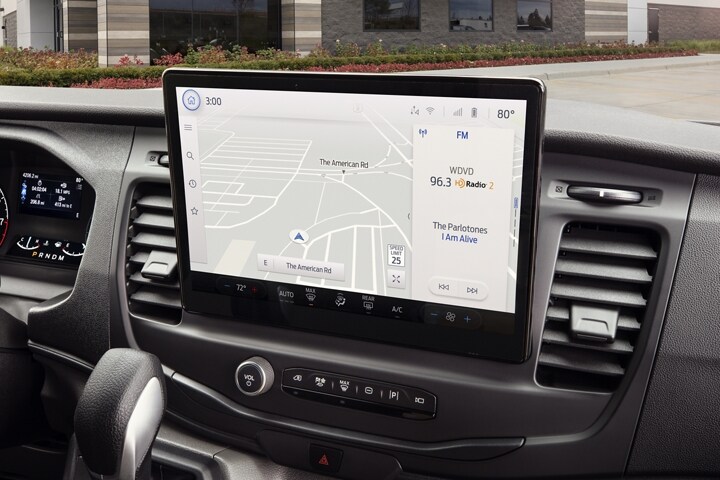Close-up of the centre stack screen of a 2023 Ford Transit®