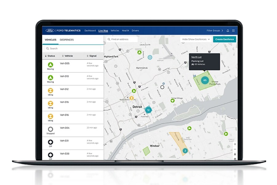 Ford Pro™ Telematics™ Essentials displayed on a laptop