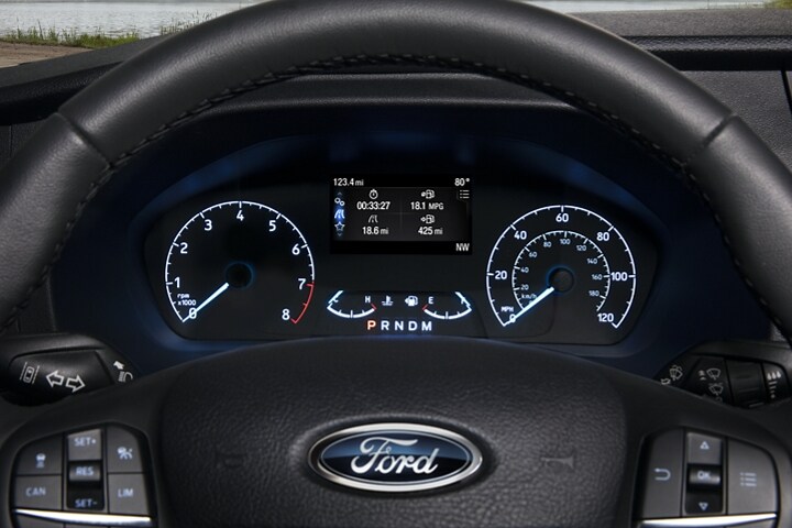 A close-up of the instrumentation cluster on a 2024 Ford Transit® model