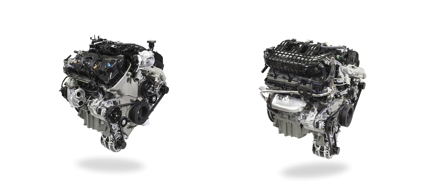 3.5L PFDi V6 engine on the left and 3.5L EcoBoost® V6 engine on the right