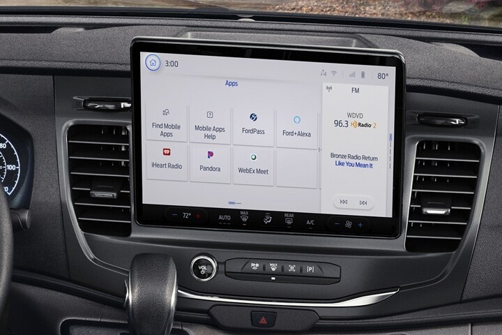 Close-up of the available 12-inch multi-function display in a 2024 Ford Transit® model