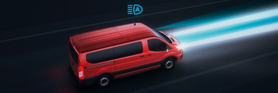 Still dramatization of a 2025 Ford Transit® model with auto high-beam headlamps