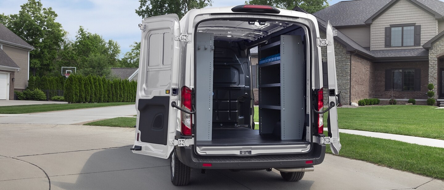 Rear view of a 2023 Ford Transit® Van with open cargo doors