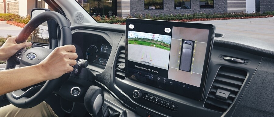 Close-up of the SYNC® 4 touchscreen showing the Split-View Camera in a 2023 Ford Transit® Van