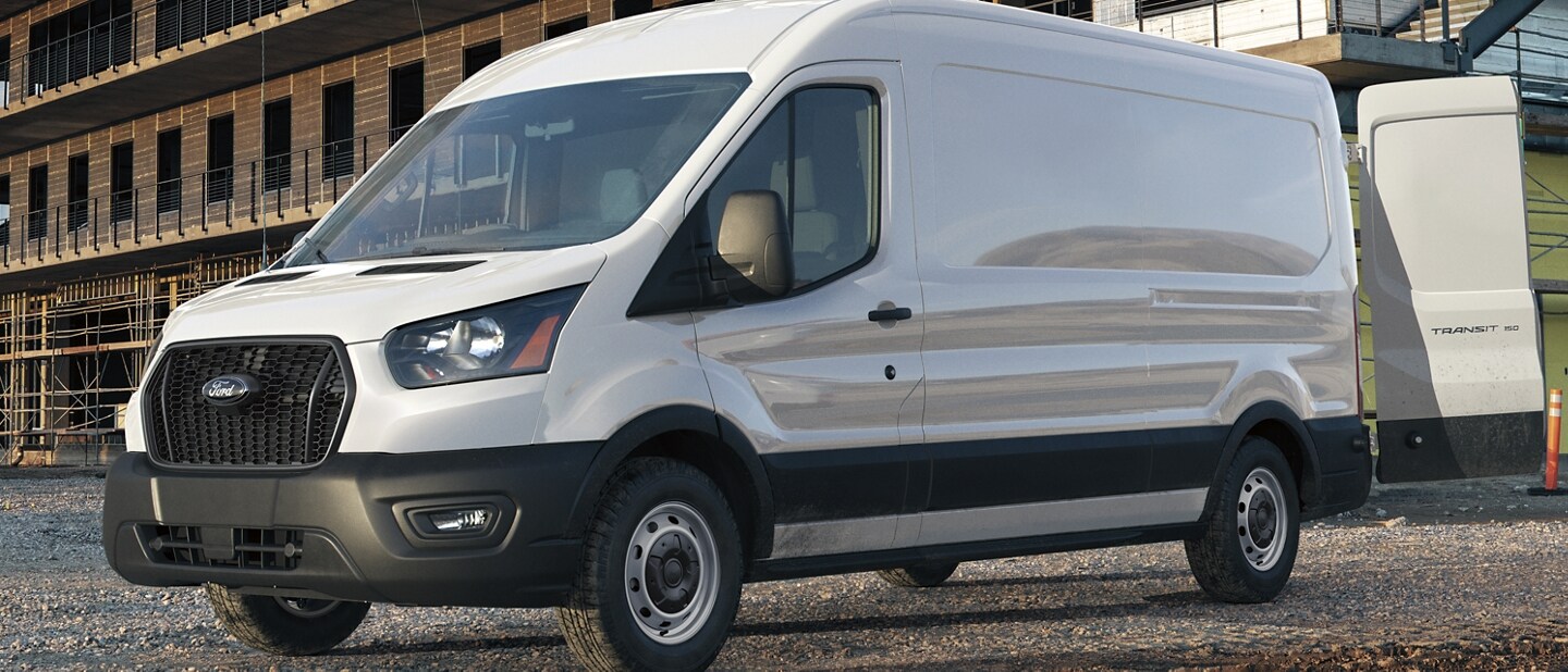 A 2023 Ford Transit® Van at a large-scale construction site