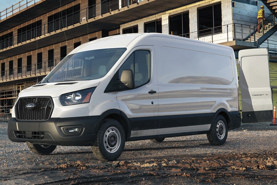 A 2023 Ford Transit® Van at a large-scale construction site