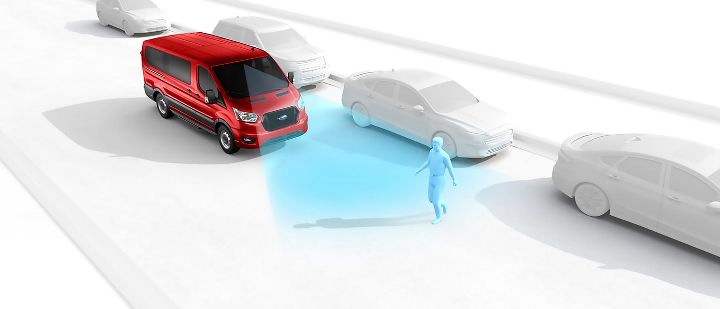 Illustration of a 2025 Ford Transit® van detecting a person walking in road