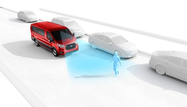 Illustration of a 2025 Ford Transit® van detecting a person walking in road