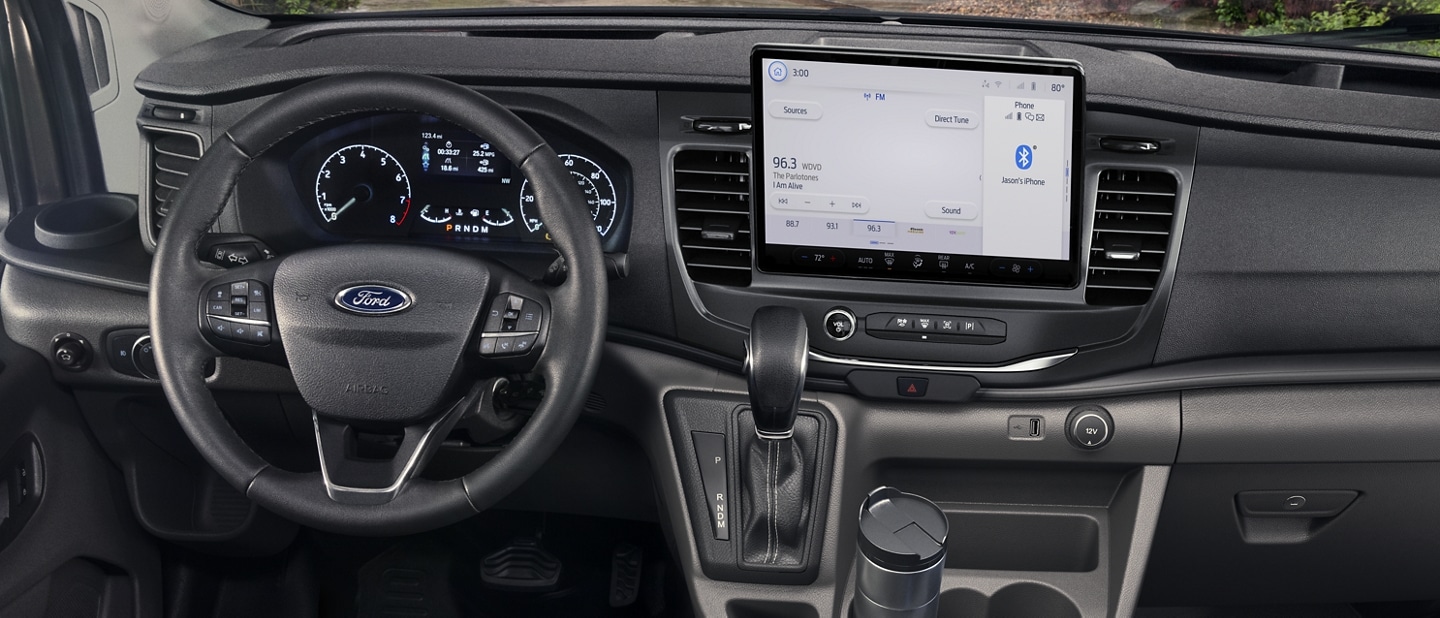 Shot of the large centre console of a 2023 Ford Transit® van