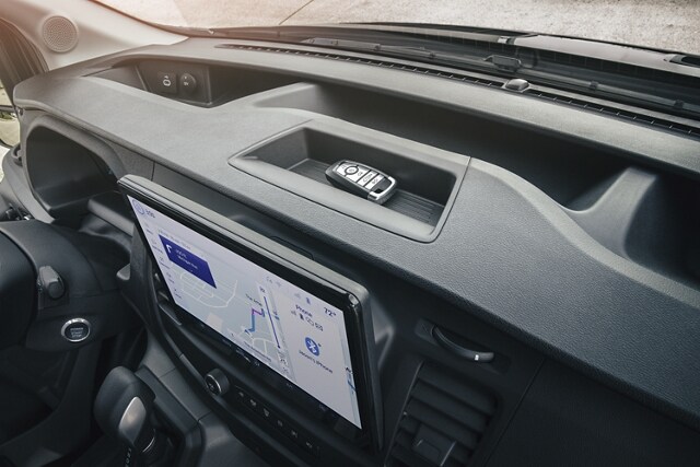 Shot of the touchscreen on a 2023 Ford Transit® van with another shot highlighting what’s on the screen