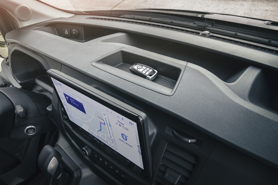 Shot of the touchscreen on a 2023 Ford Transit® van with another shot highlighting what’s on the screen